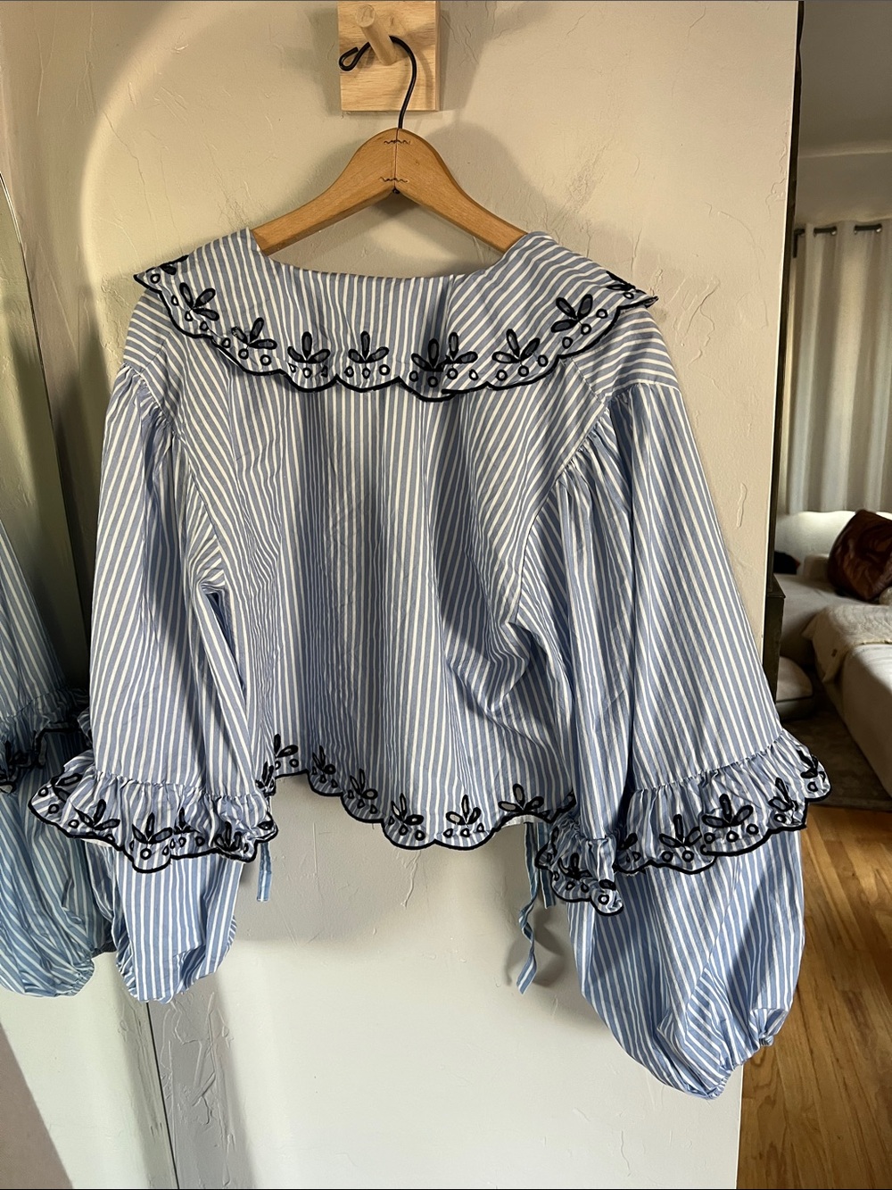 Maeve by Anthropologie Blue Stripe Embroidered Peasant Blouse - Picture 6 of 6